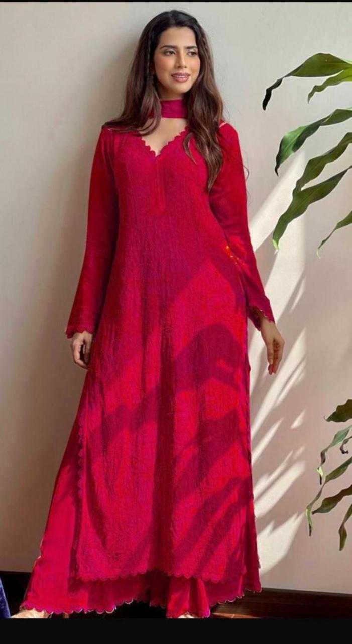 Red Chikankari Ethnic Set - AZZLIAS WARDROBE